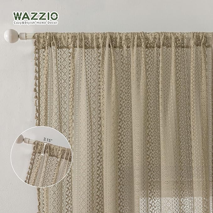 WAZZIO Boho Lace Curtains 45 Inches 2 Panel, Light Filtering Privacy Tassel & - Image 6