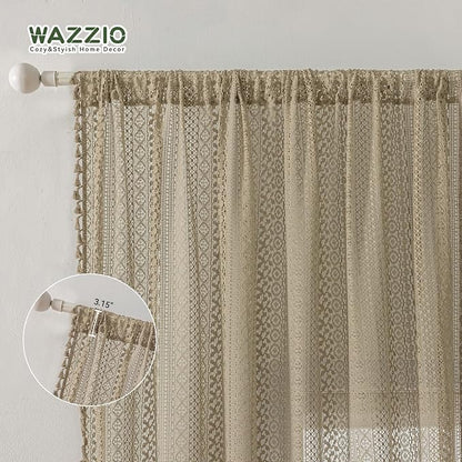 WAZZIO Boho Lace Curtains 45 Inches 2 Panel, Light Filtering Privacy Tassel & - Image 6