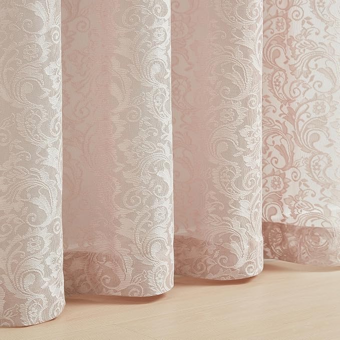 Bujasso Pink Sheer Lace Curtains 63 inch Vintage Floral Sheer Window Curtain - Image 3