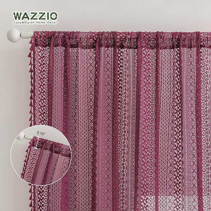 WAZZIO Boho Lace Curtains 84 Inches 2 Panel, Light Filtering Privacy Tassel & - Image 10