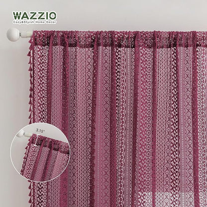 WAZZIO Boho Lace Curtains 63 Inches 2 Panel, Light Filtering Privacy Tassel & - Image 8