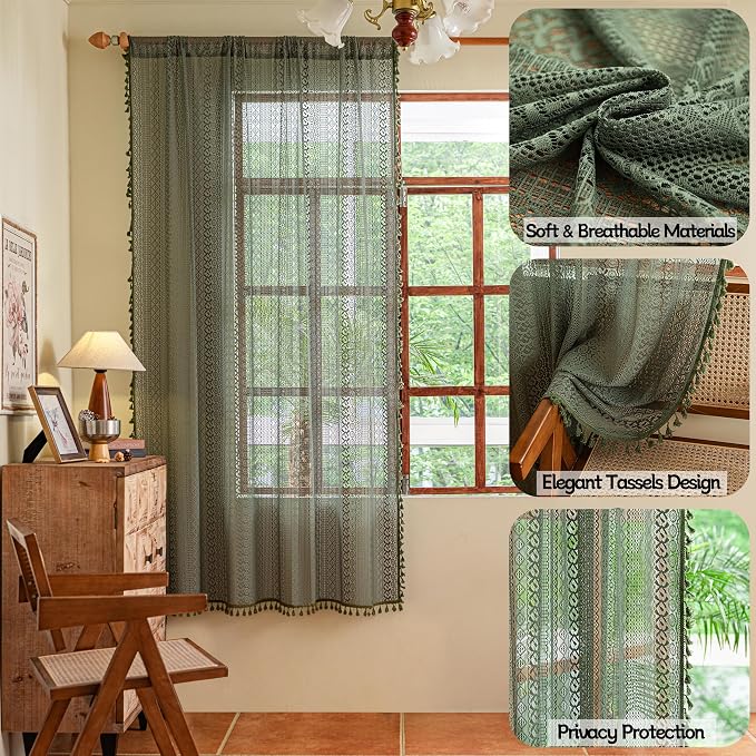 Sutuo Home Boho Curtains for Bedroom Living Room 72 inches Long, Crochet Lace - Image 2