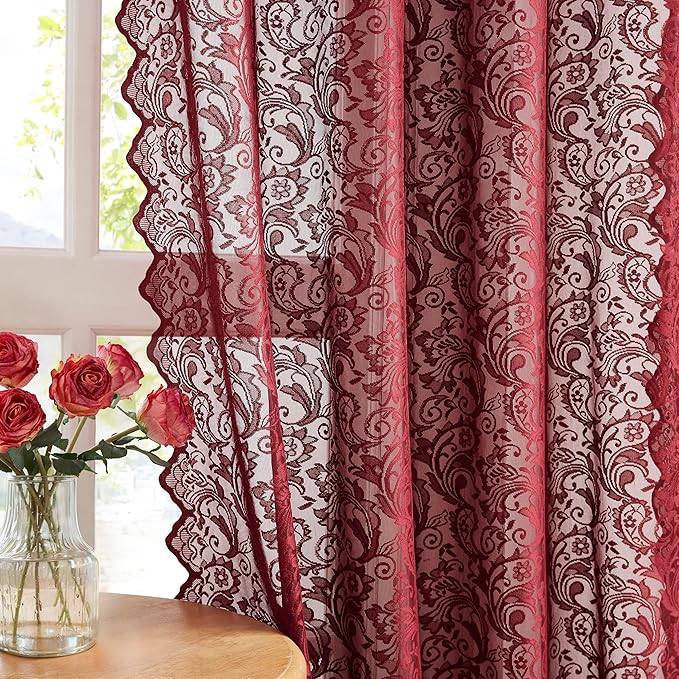 Bujasso Burgundy Lace Sheer Curtains by Bujasso