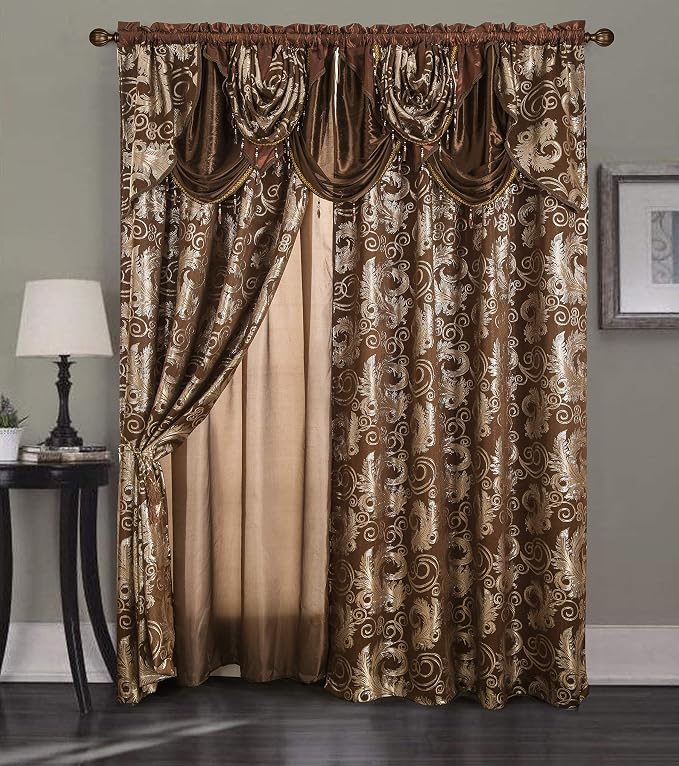 GLORY RUGS Jacquard Luxury Window 2 Panel Set Brown Curtain by GLORYRUGS