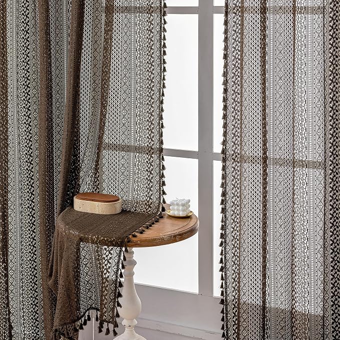 WAZZIO Boho Lace Curtains 63 Inches 2 Panel, Light Filtering Privacy Tassel & - Image 7