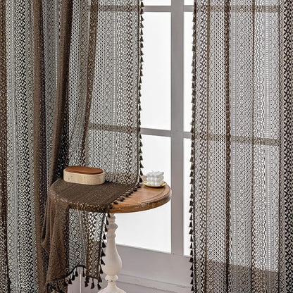 WAZZIO Boho Lace Curtains 84 Inches 2 Panel, Light Filtering Privacy Tassel & - Image 6