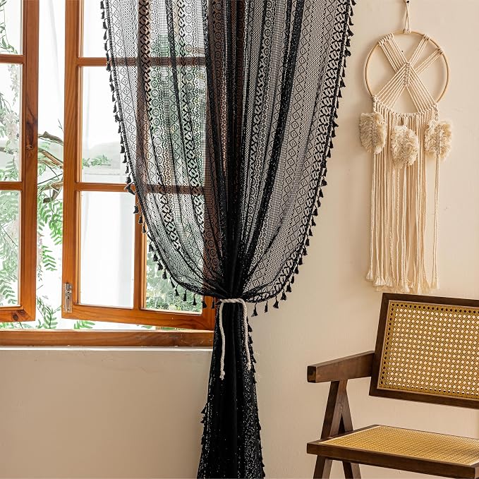 Sutuo Home Black Boho Sheer Curtains 84 inches Long - Image 4