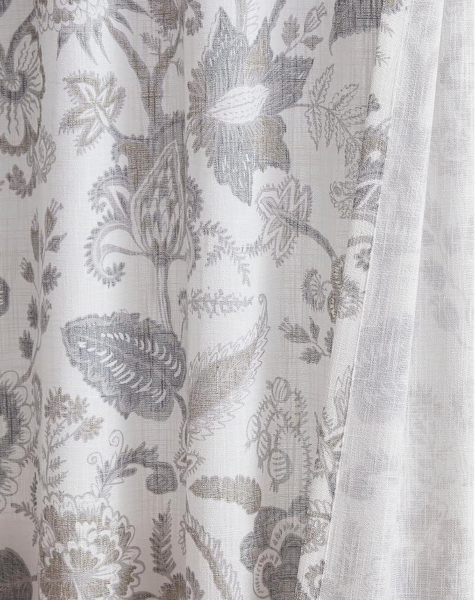Kayne Studio Linen Grey Curtain Panels Linen Textured Botanical Leaf Print - Image 4