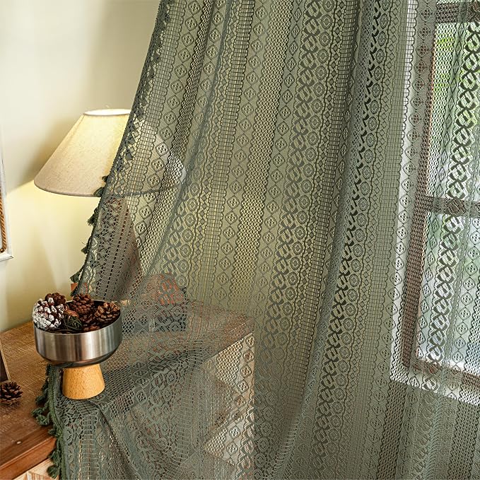 Sutuo Home Olive Green Boho Curtains 90 inches, Crochet Lace Sheer Bohemian - Image 7
