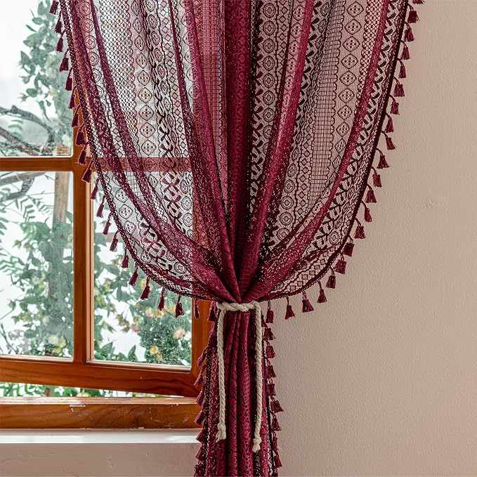 Sutuo Home Burgundy Boho Sheer Curtains 84 inches Long 2 Panels - Image 3