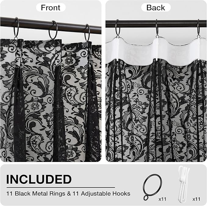 Bujasso Black Lace Pinch Pleat Curtains 63 inch, Gothic Vintage Floral Sheer - Image 4