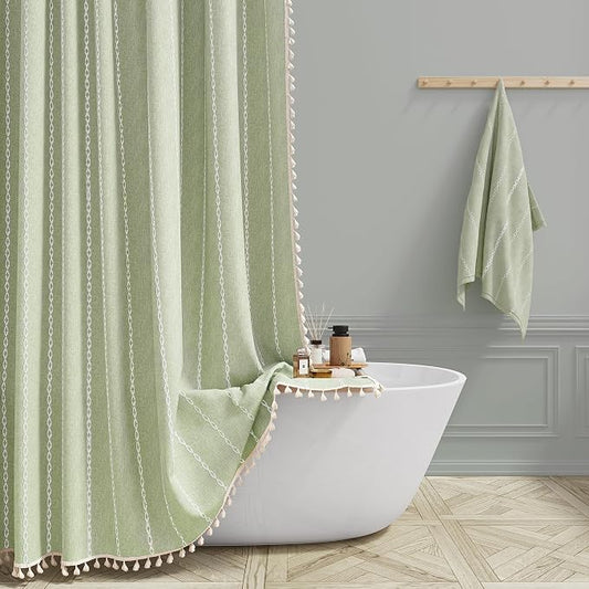 72x78 Long Boho Farmhouse Linen Heavy Duty Shower Curtain, Sage Green | Tall by ShowerCurtain