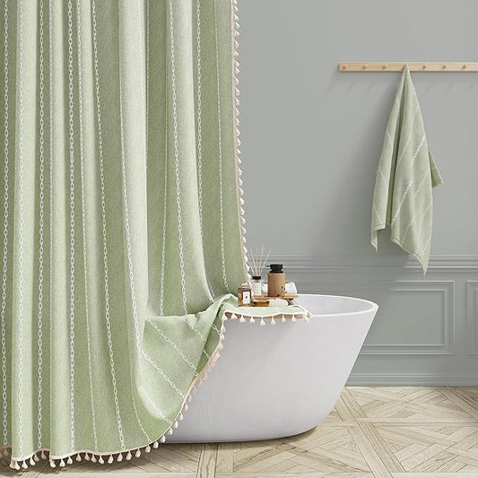 72x96 Extra Long Boho Linen Heavy Duty Shower Curtain Set, Sage Green | Extra by ShowerCurtain