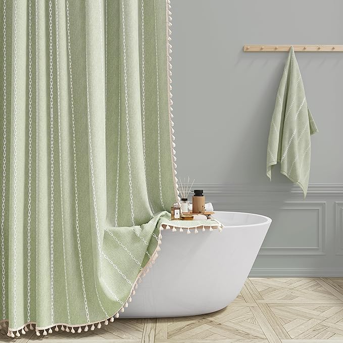 Sage Green Cream Boho Farmhouse Linen Heavy Duty Shower Curtain, 72x72 | 330GSM by ShowerCurtain