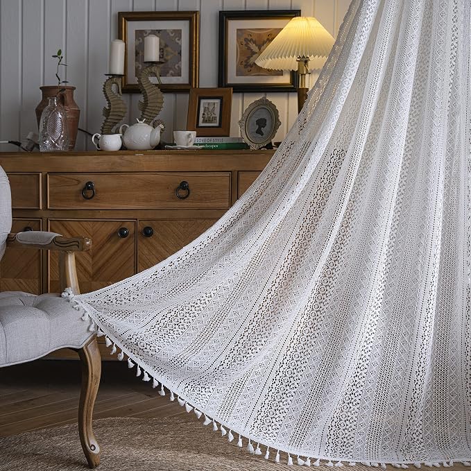 WAZZIO Boho Lace Curtains 84 Inches 2 Panel, Light Filtering Privacy Tassel & - Image 3