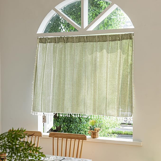Sutuo Home Green Boho Curtain 52W x 36L inch White Striped Light Filtering - Image 2