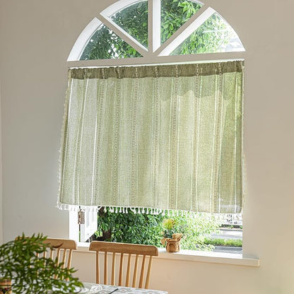 Sutuo Home Green Boho Curtain 52W x 36L inch White Striped Light Filtering - Image 2