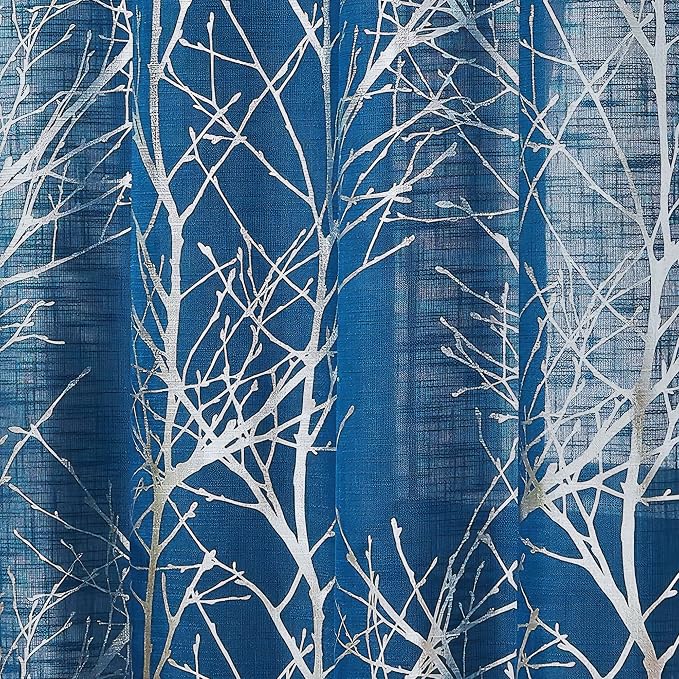 FMFUNCTEX Linen Silver Navy Blue Semi Sheer Print Curtains 96 Inch 2 Panels | - Image 8