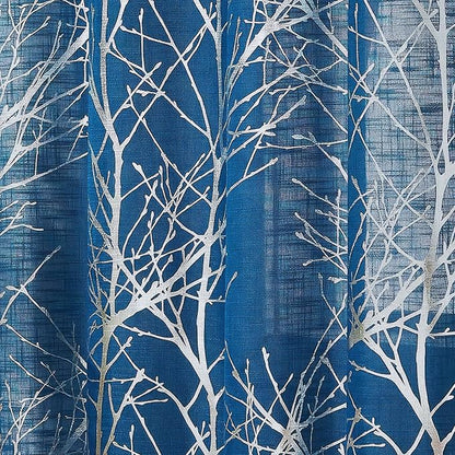 FMFUNCTEX Linen Silver Navy Blue Semi Sheer Print Curtains 96 Inch 2 Panels | - Image 8
