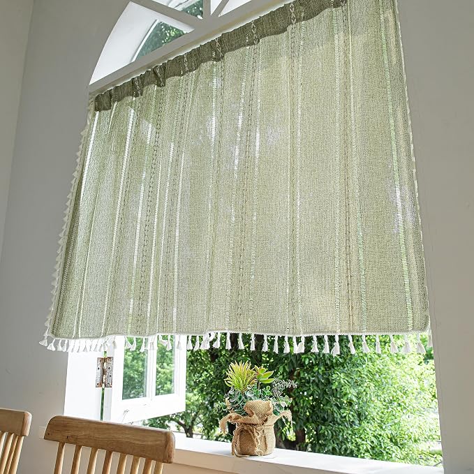 Sutuo Home Green Boho Curtain 52W x 36L inch White Striped Light Filtering - Image 9