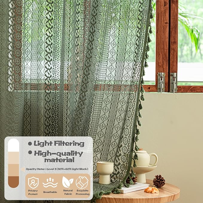 Sutuo Home Olive Green Boho Curtains 63 inches Long - Image 3