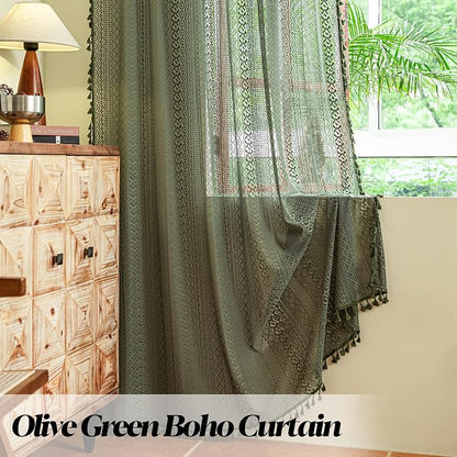 Sutuo Home Olive Green Boho Curtains 90 inches, Crochet Lace Sheer Bohemian - Image 4