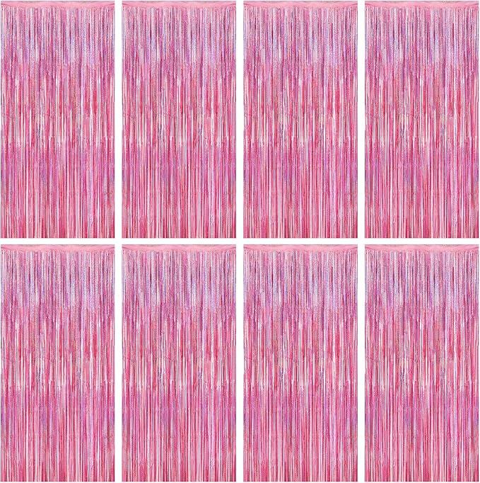 8 Pack Pink Backdrop, 3.28 FT x 7.05 FT Fringe Curtains, Metallic Glitter Pink by ZATAYE