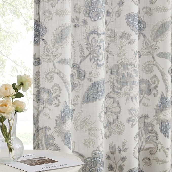 Kayne Studio Blue Grey Floral Botanical Rod Pocket Semi Sheer Curtains 63" | - Image 2