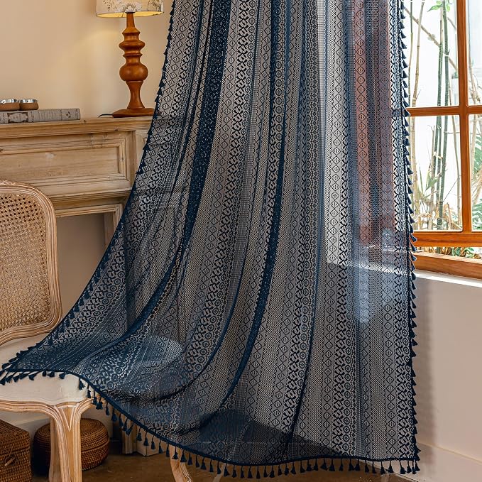 Sutuo Home Navy Blue Boho Lace Curtains - Image 3