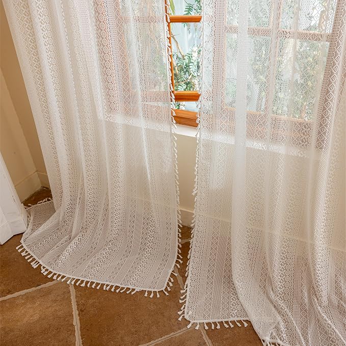 Sutuo Home White Boho Lace Curtains 96 inches Long by SutuoHome