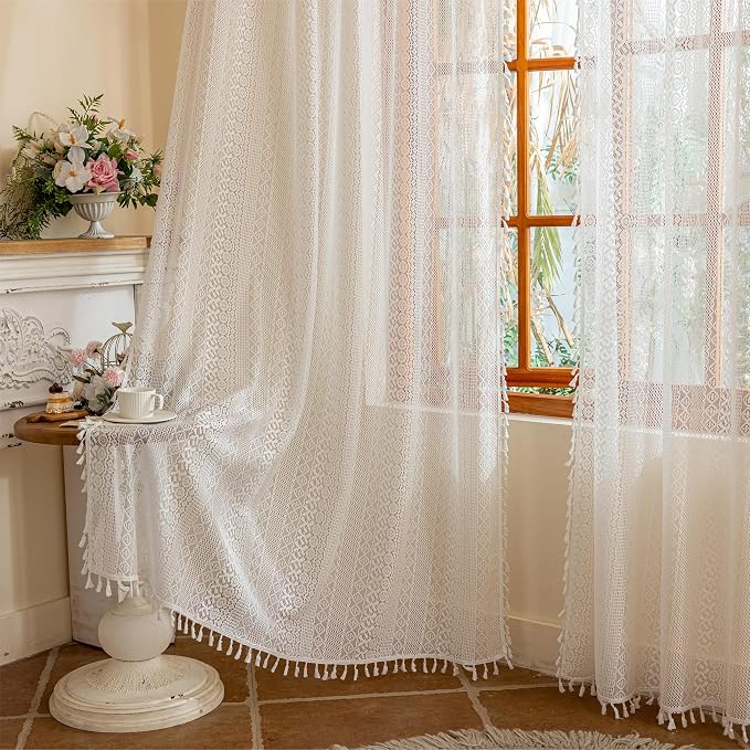 Sutuo Home White Boho Lace Curtains 96 inches Long - Image 2