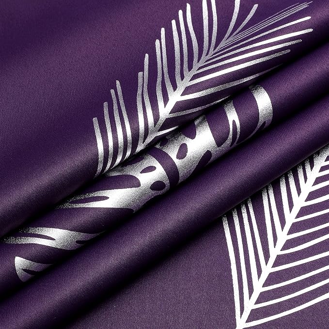 Purple Blackout Curtains for Bedroom, Room Darkening Silver Palm Tree Pattern - Image 8