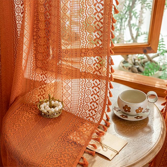 Sutuo Home Terracotta Boho Lace Curtains 2 Panels 84 Inches Long - Image 6