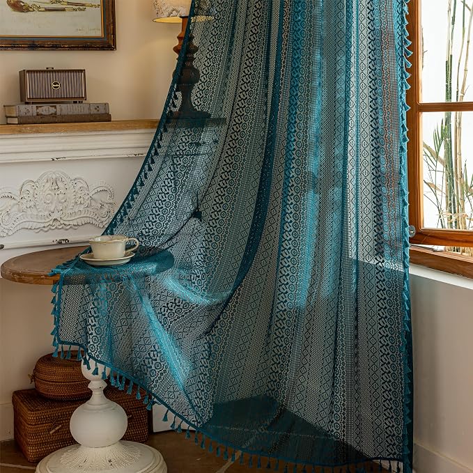 Sutuo Home Boho Lace Teal Curtains 96 inches Long - Image 4