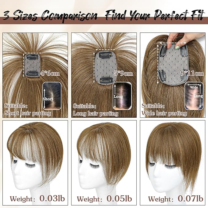 Hair Toppers for Women Real Human Hair - 360° Coverage Brown Clip In Topper with Bangs for Thinning Hair Upgraded 4×6 cm Silk Base Ideal for Everyday Use