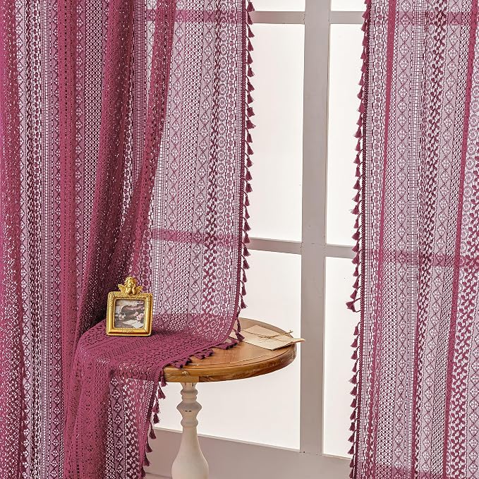 WAZZIO Boho Lace Curtains 84 Inches 2 Panel, Light Filtering Privacy Tassel & - Image 8