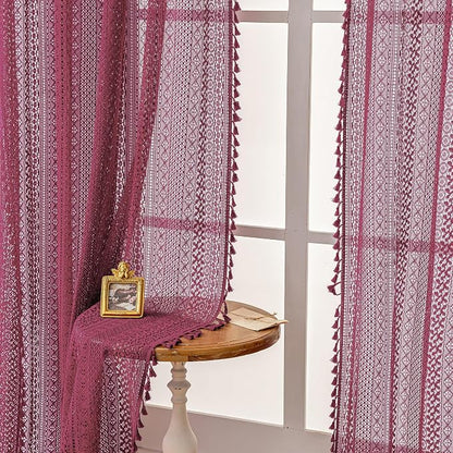 WAZZIO Boho Lace Curtains 63 Inches 2 Panel, Light Filtering Privacy Tassel & - Image 9
