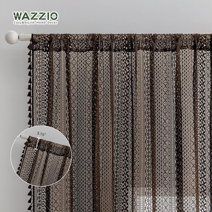 WAZZIO Boho Lace Curtains 63 Inches 2 Panel, Light Filtering Privacy Tassel & - Image 8