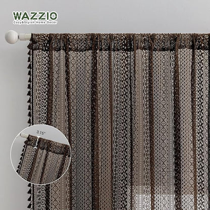 WAZZIO Boho Lace Curtains 84 Inches 2 Panel, Light Filtering Privacy Tassel & - Image 7