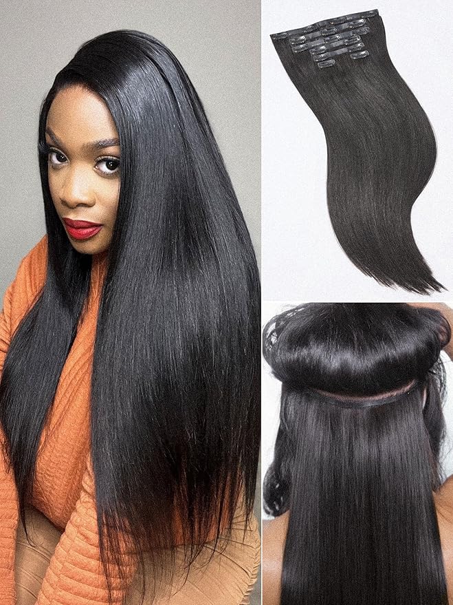 LUVME Yaki Straight Seamless 2 Pack 220g 14Pcs Clip in Hair Extensions Full Max with 20inch Remy Human Hair Extensions, Natural Black 100% Real Soft Hair
