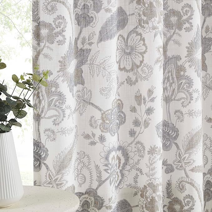 Kayne Studio Grey Jacobean Floral Rod Pocket Semi Sheer Curtains 84 Inches | by KayneStudio
