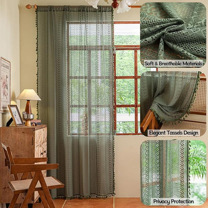 Sutuo Home Boho Curtains 120 inches Long, Crochet Lace Sheer Bohemian Hollow - Image 2