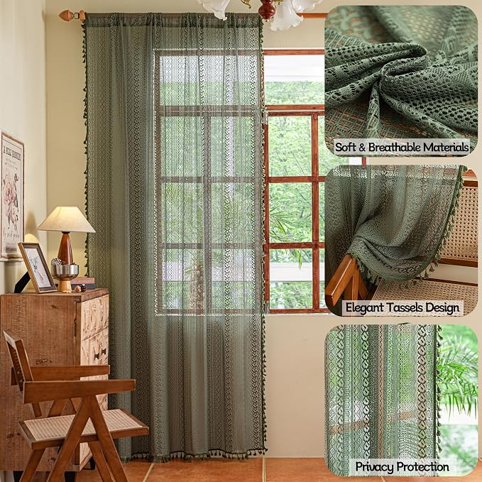 Sutuo Home Olive Green Boho Curtains 84 inches Long - Image 2