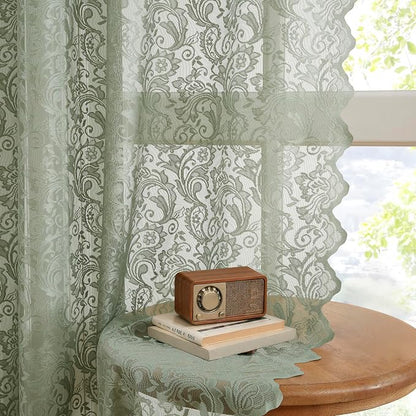 Bujasso Sage Green Lace Pinch Pleat Curtains 84 inch, Vintage Floral Sheer - Image 3