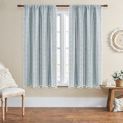 Boho Curtains for Bedroom Embroidery Striped Farmhouse Linen Curtains 63 Inch - Image 2