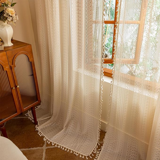 Sutuo Home Beige Boho Lace Curtains 84 inches Long, Crochet Macrame Bohemian - Image 2