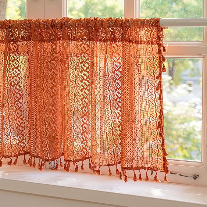 Sutuo Home Terracotta Boho Valance Short Curtains Crochet Lace Sheer Bohemian - Image 4