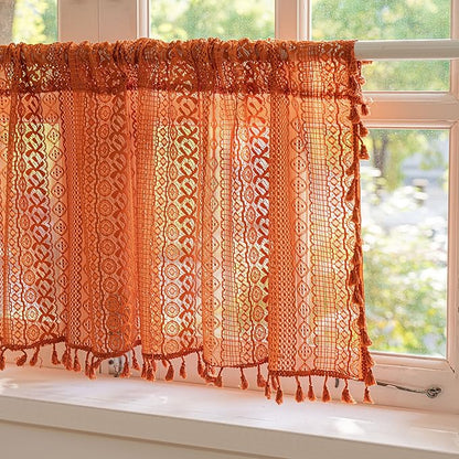 Sutuo Home Terracotta Boho Valance Short Curtains Crochet Lace Sheer Bohemian - Image 4