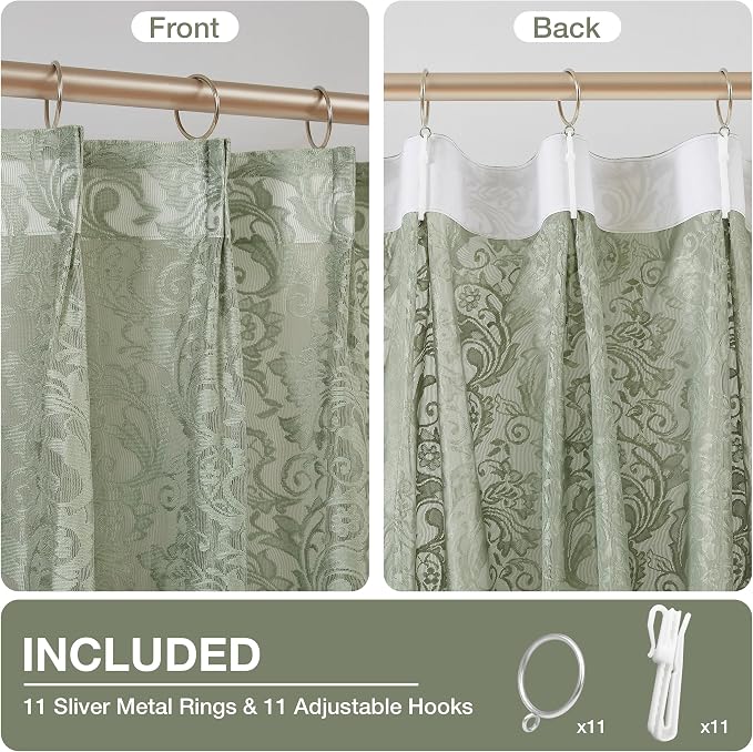 Bujasso Sage Green Lace Pinch Pleat Curtains 84 inch, Vintage Floral Sheer - Image 4