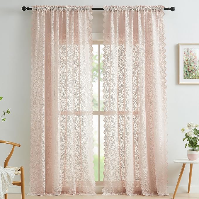 Bujasso Pink Lace Sheer Curtains 84 inch Vintage Floral Sheer Window Curtain by Bujasso